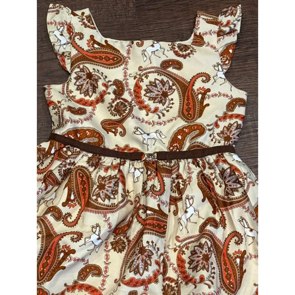 Janie and Jack Sleeveless Equestrian Paisley Brown Horse Tulle Dress Girls 5